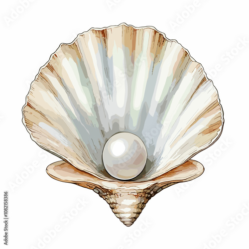 Pearl in seashell. Open seashell scallop oyster and pearl shell icon. Beautiful pearl in clam shell in cartoon flat style. Vector illustration isolated on white background