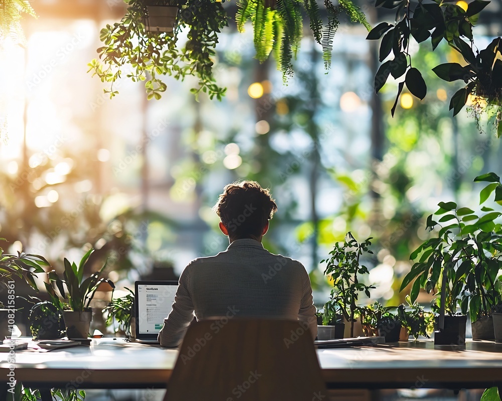 Businessperson Strategizing in Serene Open Plan Office with Greenery Businessperson Strategizing in Serene Open Plan Office with Greenery