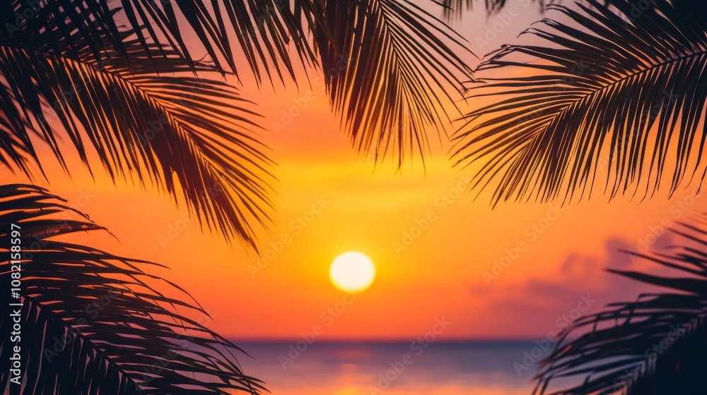 Palm Tree Silhouette Against a Vibrant Sunset Sky

