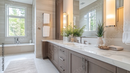 A contemporary bathroom with a vanity sink and a large mirror, built-in cabinets and wall lamps give the room a clean and modern look.