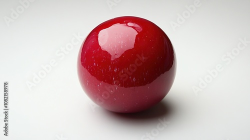 Single shiny cherry with stem on white background.