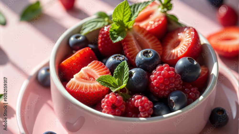 Fresh mixed berries in a white bowl garnished with mint on a pink background Fresh mixed berries in a white bowl garnished with mint on a pink background