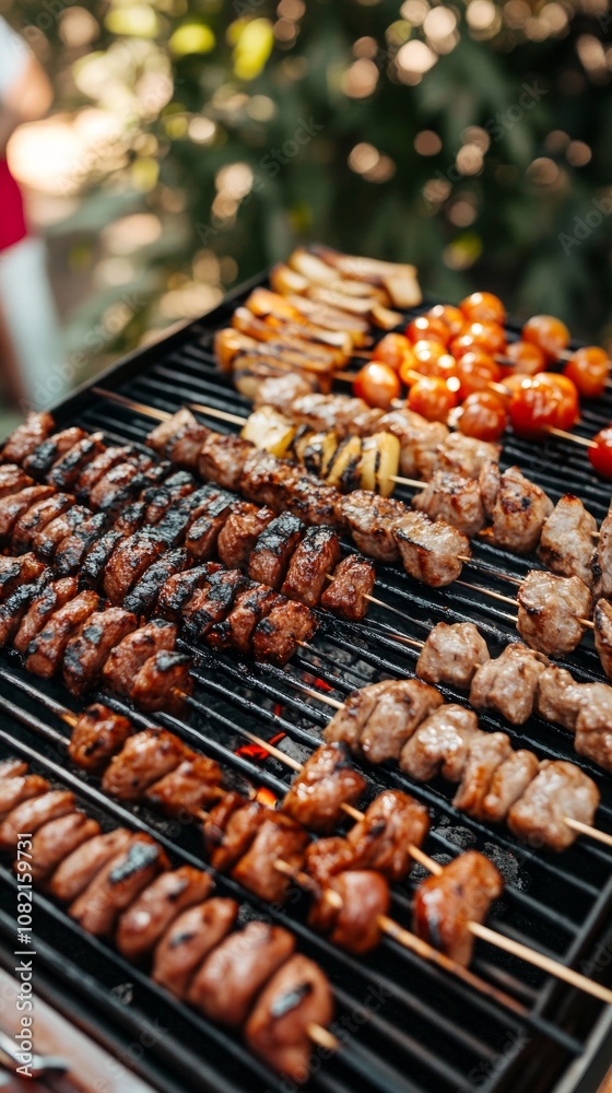 A vibrant array of grilled skewers, vegetables, and cherry tomatoes sizzles on the barbecue during lively Australia Day festivities outdoors A vibrant array of grilled skewers, vegetables, and cherry tomatoes sizzles on the barbecue during lively Australia Day festivities outdoors