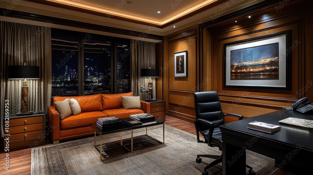 A hotel room decorated with a dark desk and sofa. The walls are decorated with art and the ceiling lights create a warm and modern atmosphere. A hotel room decorated with a dark desk and sofa. The walls are decorated with art and the ceiling lights create a warm and modern atmosphere.