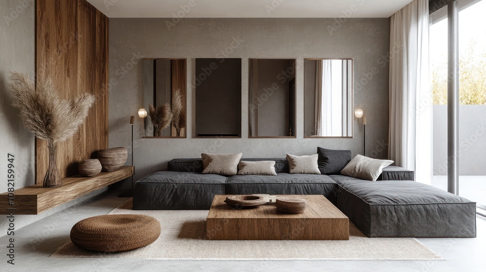 A living room decorated with a dark gray sofa and a low wooden table. The walls are decorated with large mirrors and minimalist lamps to add elegance. A living room decorated with a dark gray sofa and a low wooden table. The walls are decorated with large mirrors and minimalist lamps to add elegance.