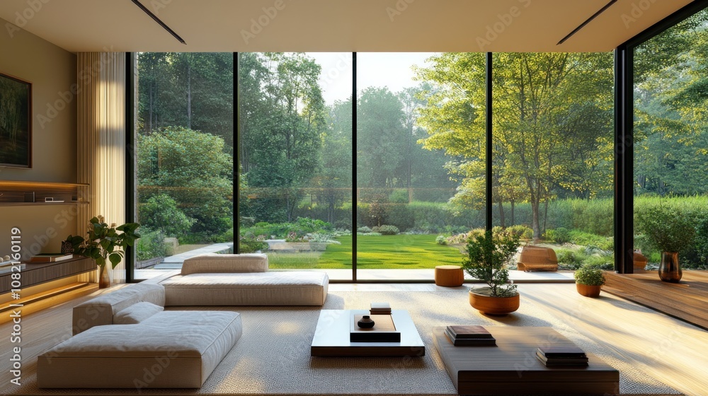Fototapeta premium A living room in a modern house decorated with minimalist furniture, large glass walls that open up to a view of the green garden, natural light shines in abundantly.