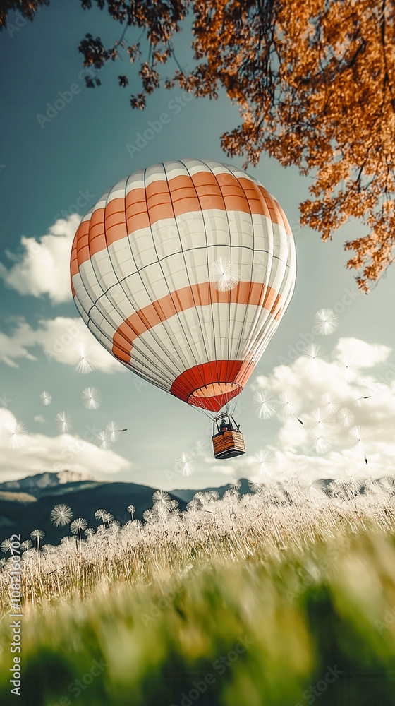 Fototapeta premium A hot air balloon is flying over a field of grass