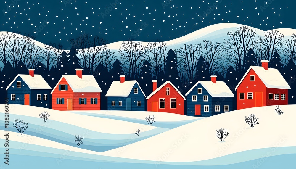 Snowy Winter Village Landscape with Red and Blue Houses Snowy Winter Village Landscape with Red and Blue Houses