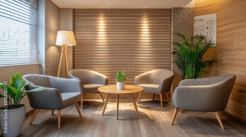 A medical consultation room in a clinic decorated with wooden tables and comfortable chairs. The walls are decorated with health information and floor lamps to create relaxation.