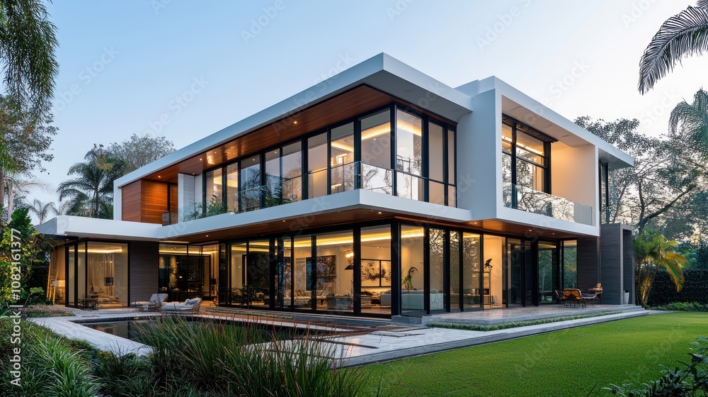 A modern house designed with simple lines, glass and steel structures, white and gray tones create an airy and luxurious feel, with a beautiful garden around the house. A modern house designed with simple lines, glass and steel structures, white and gray tones create an airy and luxurious feel, with a beautiful garden around the house.