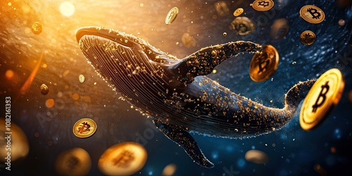 A giant whale emerging from a digital ocean with Bitcoin logos embedded on its skin, symbolizing the power and dominance of large investors dictating the Bitcoin market.
