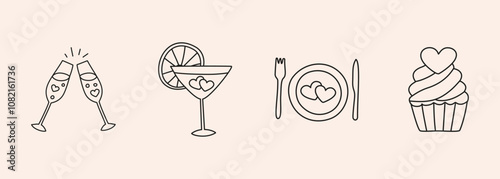 Wedding hand drawn doodle icon set - glasses, drink, cocktail, food table setting, cupcake. Sketch in organic style vector marriage symbol on white background for festive decoration invitation, card.