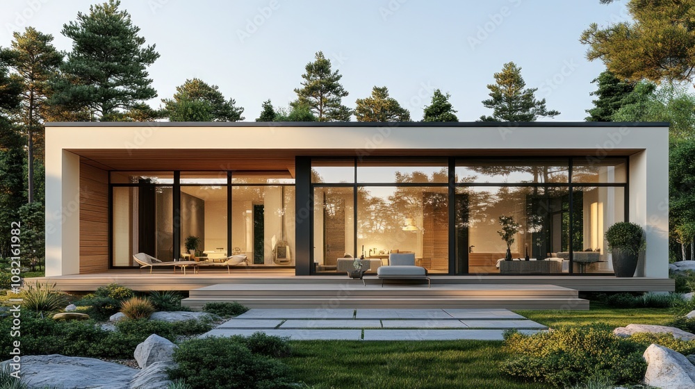 A modern single-storey house using wood and glass materials. Light colors give a warm and peaceful feeling. In front of the house, there is a wide balcony for relaxing. A modern single-storey house using wood and glass materials. Light colors give a warm and peaceful feeling. In front of the house, there is a wide balcony for relaxing.