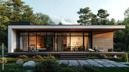 A modern single-storey house using wood and glass materials. Light colors give a warm and peaceful feeling. In front of the house, there is a wide balcony for relaxing.