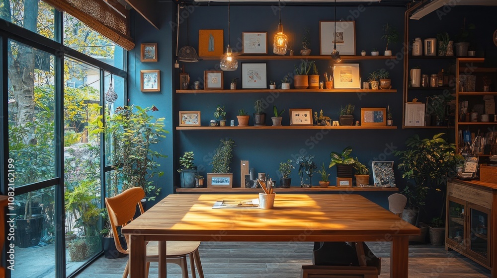 A private office decorated with a wooden table and comfortable chairs, shelves full of decorations and small plants, creating a creative and peaceful atmosphere. A private office decorated with a wooden table and comfortable chairs, shelves full of decorations and small plants, creating a creative and peaceful atmosphere.
