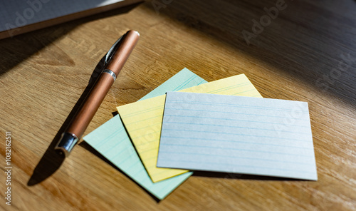 Pen lies next to index cards on a wooden desk. Office utensils; business; workplace; office stuff.