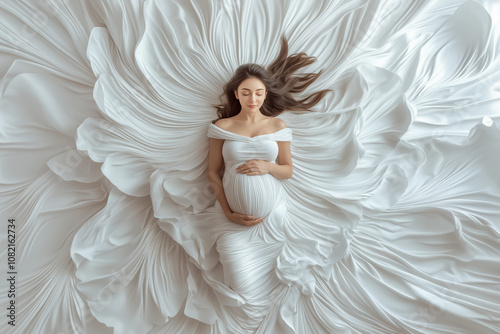 Elegant pregnant woman in white dress posed against a textured white background in soft light