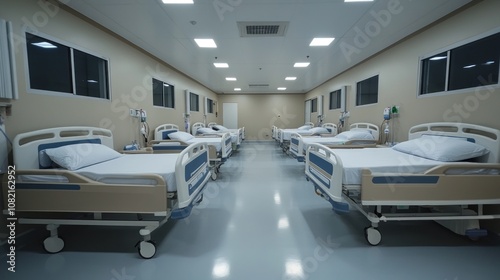 A spacious ward room. Each patient bed is fully equipped. Walls and floors are designed to look clean and patient-friendly. photo