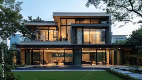 A two-story modern house using glass as the main material, large windows provide a beautiful view and allow natural light in, decorated with trees around the house.