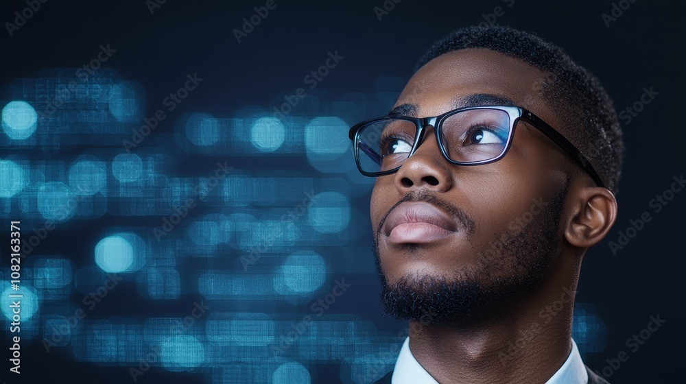 A thoughtful man wearing glasses gazes upward, reflecting innovation and technology in a digitally inspired environment. A thoughtful man wearing glasses gazes upward, reflecting innovation and technology in a digitally inspired environment.