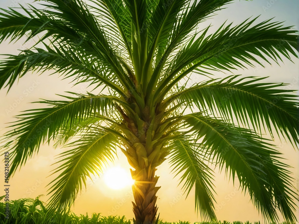Green tree of palm with sun rising in the morning. Green tree of palm with sun rising in the morning.
