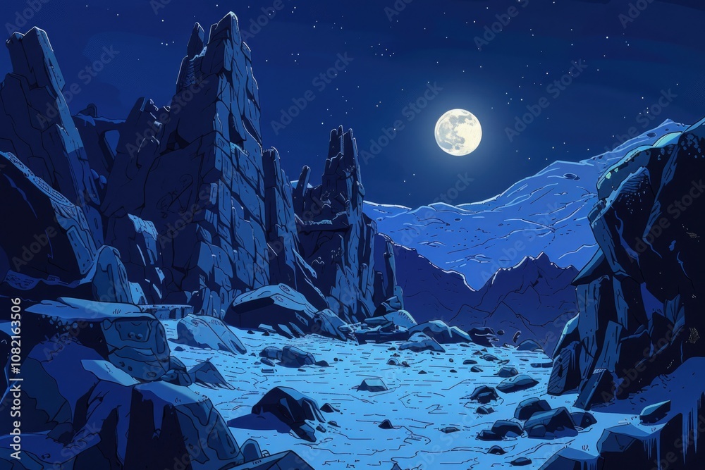 Fototapeta premium A Nighttime Landscape with Rocky Cliffs and a Full Moon
