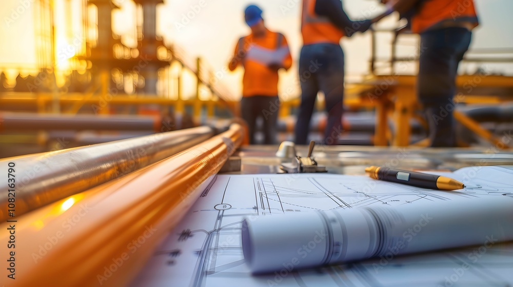 Fototapeta premium Construction workers collaborate on site at sunset with blueprints and tools in focus