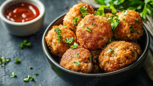 A bowl of crispy, golden-brown meatballs, garnished with fresh parsley, served with ketchup on a dark background.