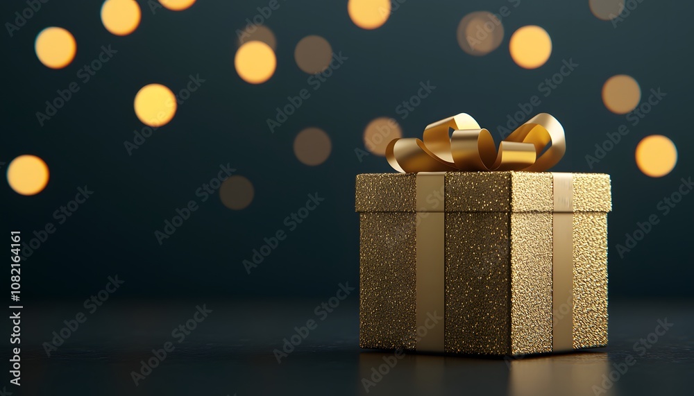 Golden Gift Box with Festive Lights on a Black Background Golden Gift Box with Festive Lights on a Black Background