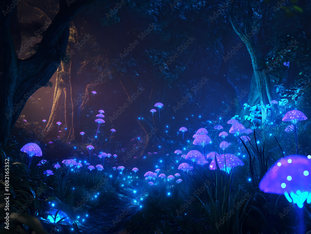Fototapeta premium mystical glowing forest with bio luminescent plants at night