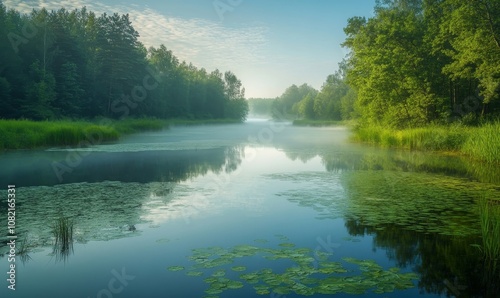 tranquil morning scene with soft green hues, Generative AI