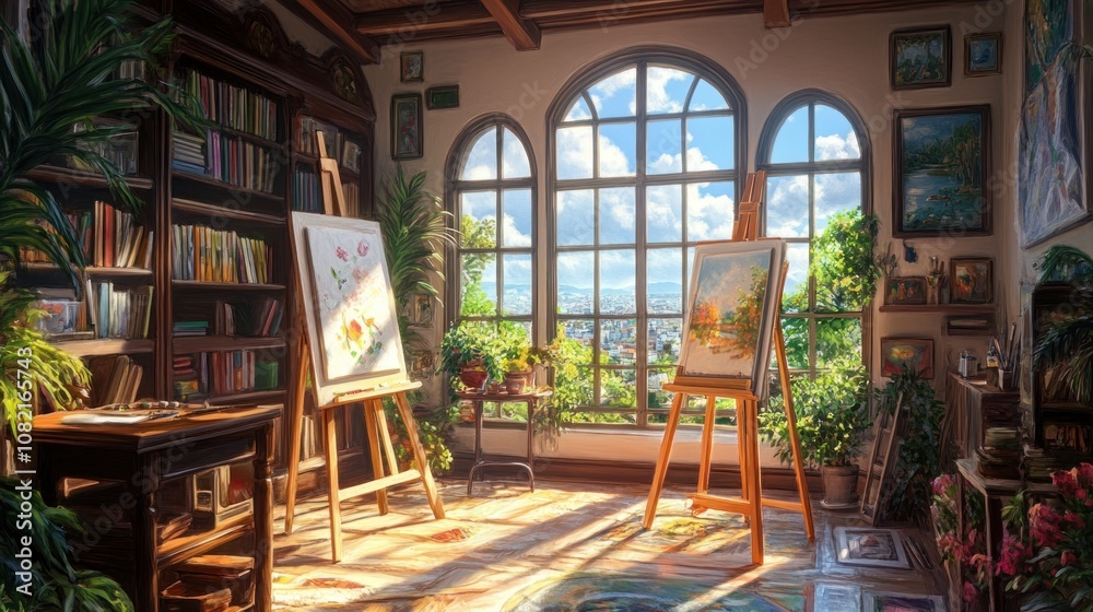 Fototapeta premium Artist's Studio with Large Windows and Easel