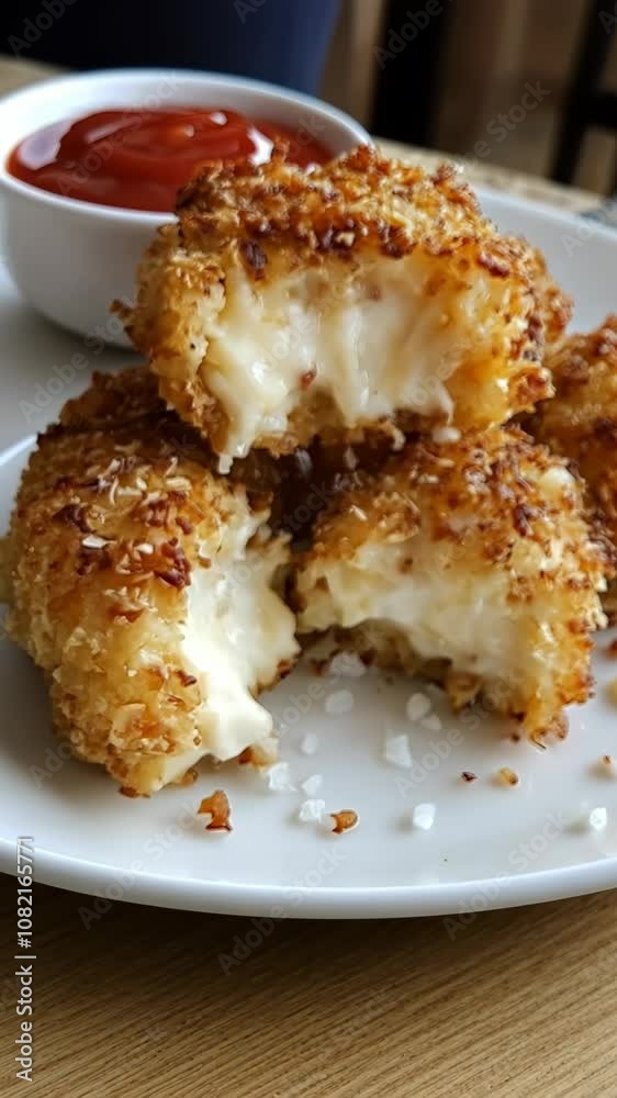 Crispy, golden brown cheese bites with a gooey, melted center on a white plate with a side of ketchup Crispy, golden brown cheese bites with a gooey, melted center on a white plate with a side of ketchup