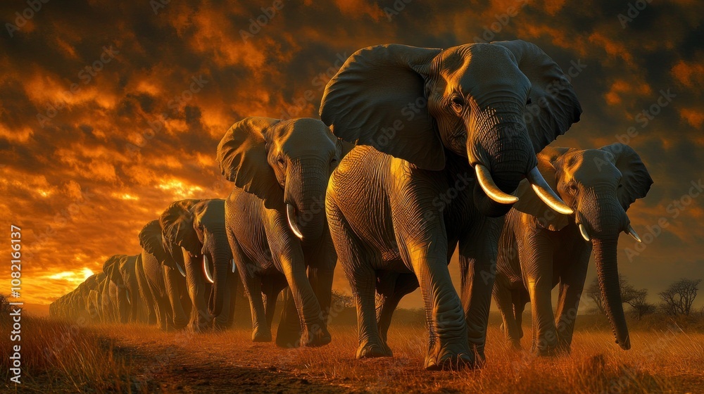 Fototapeta premium A herd of elephants walking through tall grass at sunset