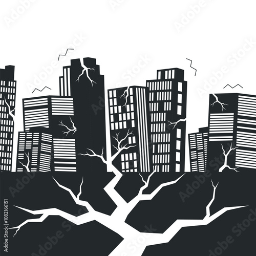 Earthquake icon in the city. Destruction of skyscrapers. Emergency situation. White background.