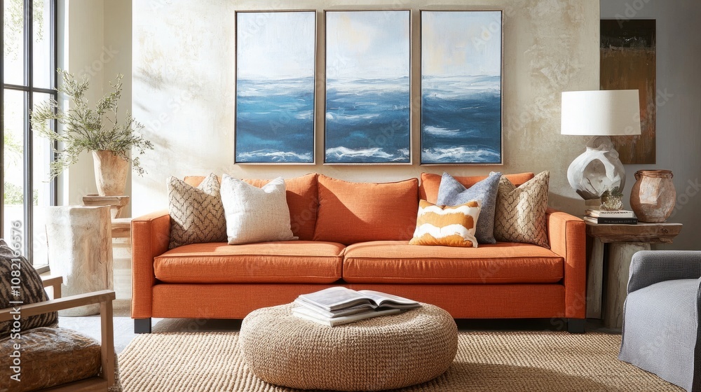 A cozy living room with an orange sofa, abstract paintings on the wall, and a neutral color scheme. A cozy living room with an orange sofa, abstract paintings on the wall, and a neutral color scheme.