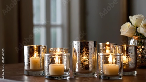 Elegant mercury glass votives with soft LED candles inside. photo