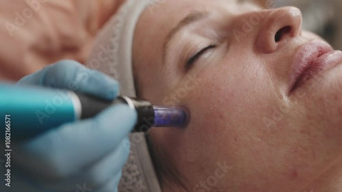 Close-up of a female patient undergoing a microneedling procedure with a professional derma pen in a beauty clinic.