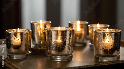 Elegant mercury glass votives with soft LED candles inside. photo