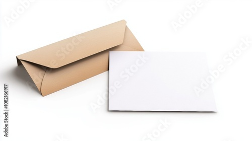 Brown envelope with blank card, isolated on white background