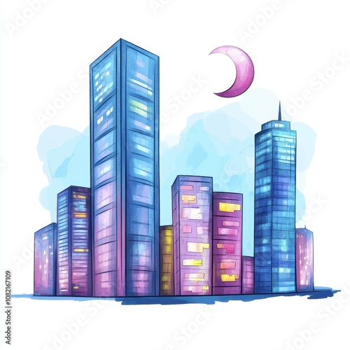 Colorful city skyline with illuminated skyscrapers and a crescent moon on a clear night. photo