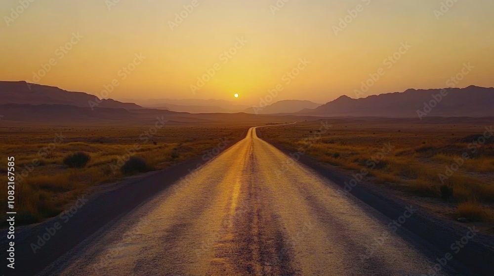 Desert Road Golden Hour Sunset Landscape Desert Road Golden Hour Sunset Landscape