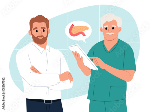 Pancreatic health. Doctor with tablet talking to smiling female patient in hospital.Treatment of diseases of the pancreas, acute and chronic pancreatitis. Vector illustration in flat style