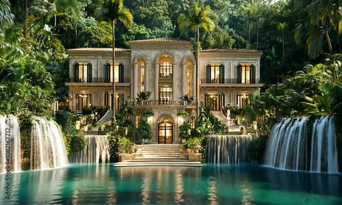 Luxury estate on the edge of a volcanic crater, featuring grand entrance and opulent detailing, with a panoramic view of lush tropical rainforest and cascading waterfalls photo