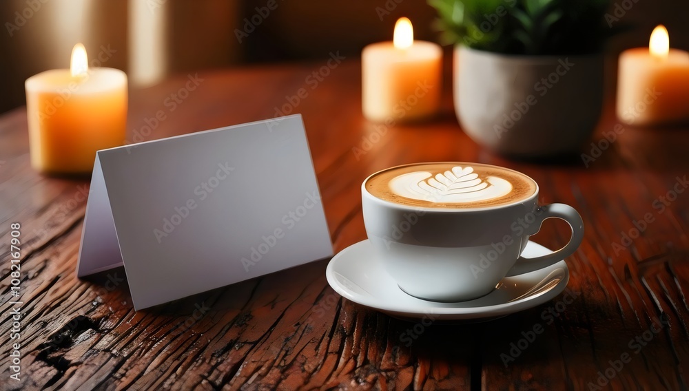 Blank white card mockup with coffee cup, heart-shaped latte art, candles, and plant on wooden table setting Blank white card mockup with coffee cup, heart-shaped latte art, candles, and plant on wooden table setting