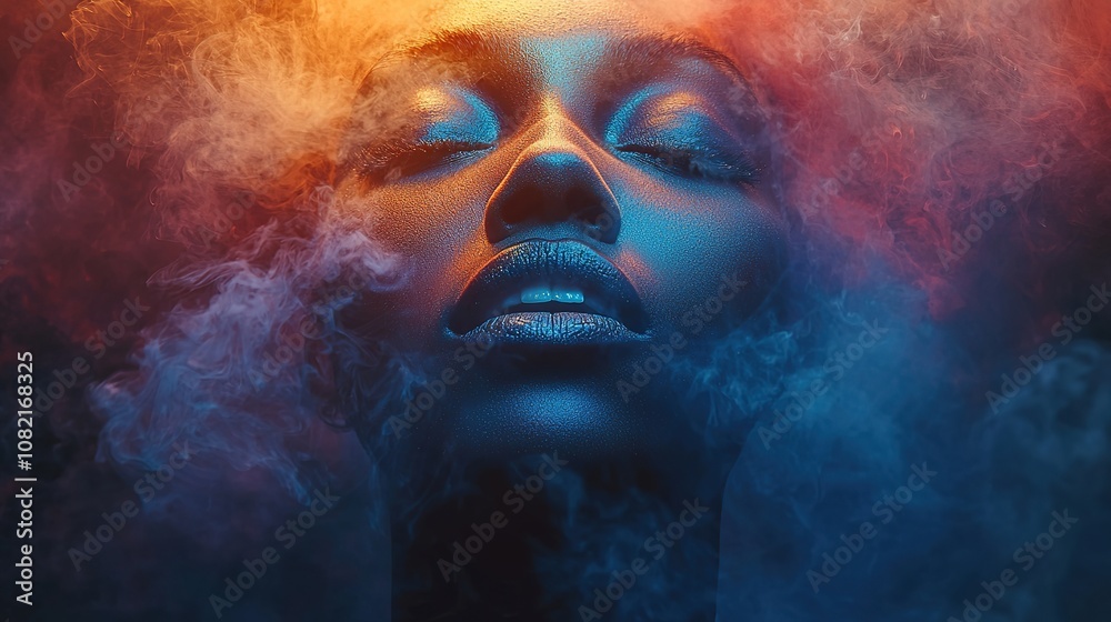 A mesmerizing image of a woman's face enveloped in vibrant colored smoke, creating a surreal and dreamlike atmosphere, symbolizing transformation and introspection. A mesmerizing image of a woman's face enveloped in vibrant colored smoke, creating a surreal and dreamlike atmosphere, symbolizing transformation and introspection.