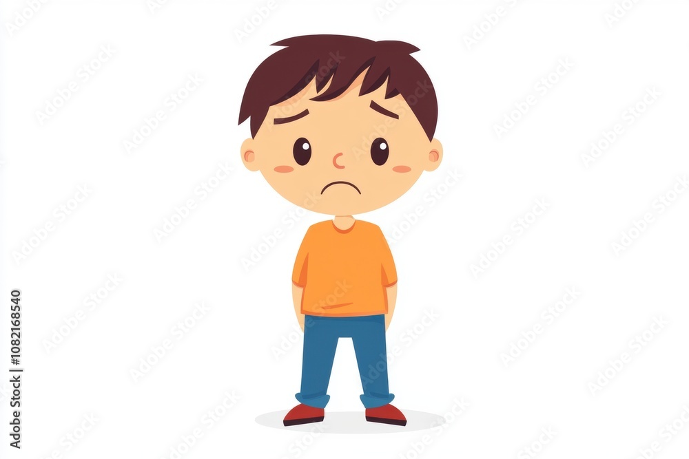 Sad cartoon boy standing with a worried expression, white isolated background Sad cartoon boy standing with a worried expression, white isolated background