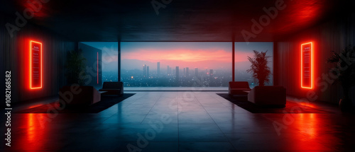 Neon-Lit Cyberpunk Interior Overlooking Cityscape
