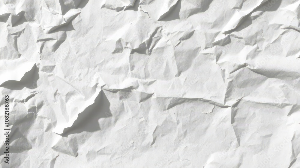 Fototapeta premium Crumpled white paper with deep creases and folds, casting shadows, messy, clutter