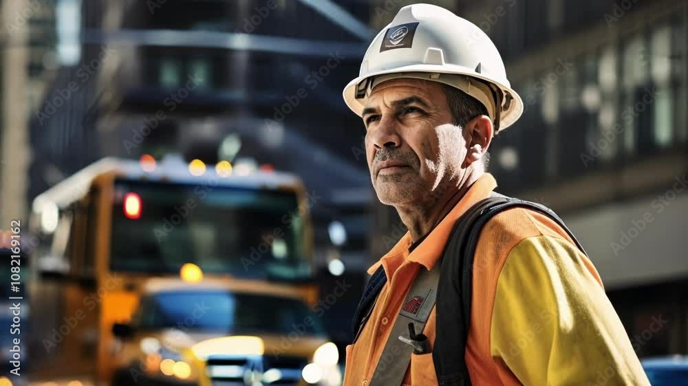 Confident construction worker in hard hat on busy city street, showcasing urban landscape of new york city. Proud, serious, skilled tradesman in bustling environment Confident construction worker in hard hat on busy city street, showcasing urban landscape of new york city. Proud, serious, skilled tradesman in bustling environment